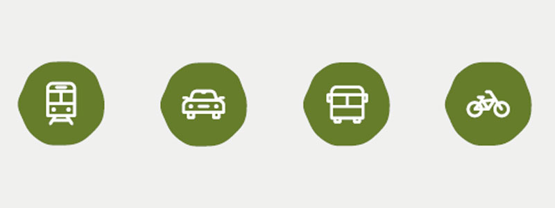 Various methods of travel: Train, bus, car, bike